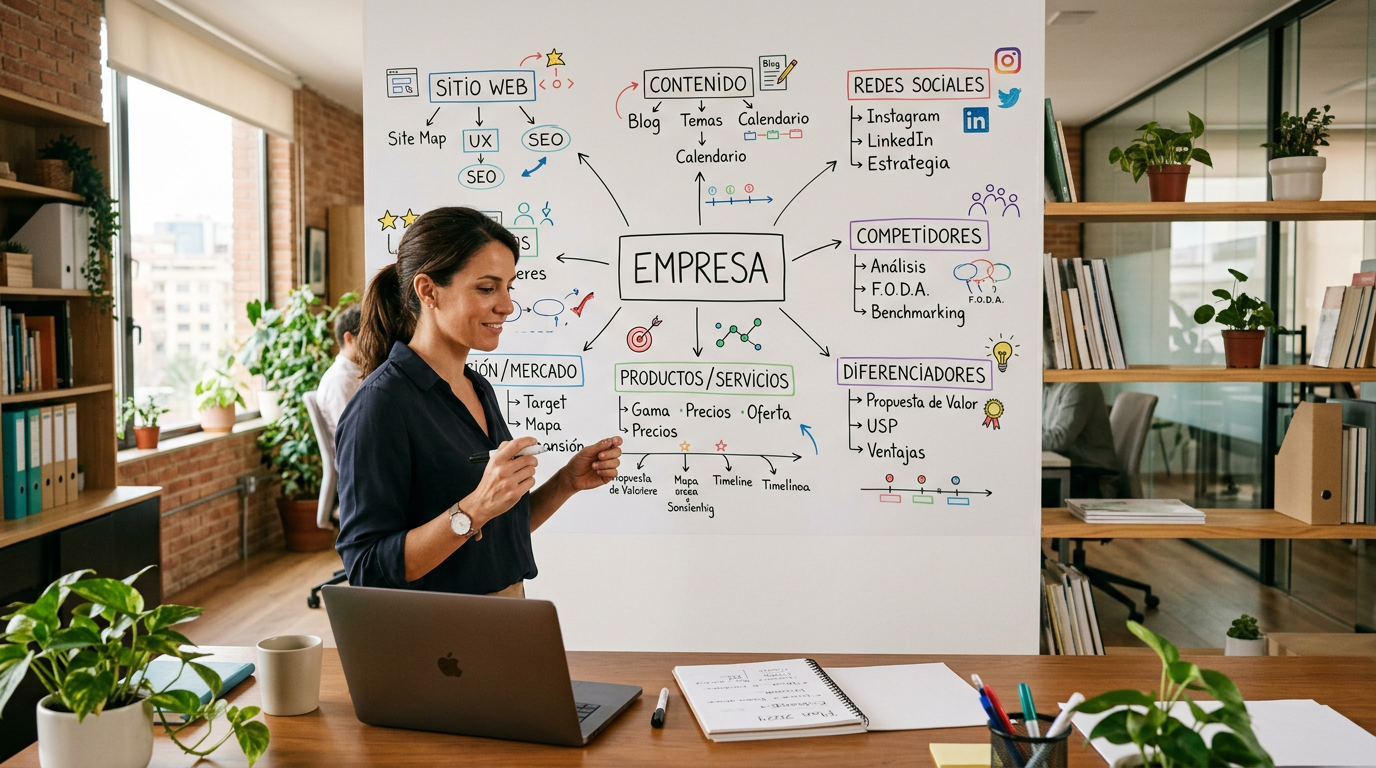 Vista amplia de la planificación de una empresa, con sitio web, contenido, redes, competidores, ubicación y diferenciales conectados.
