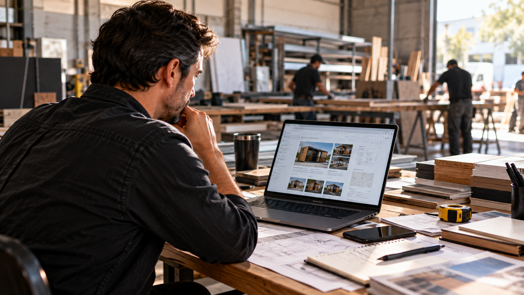 Empresario trabajando en un taller real, frente a su notebook y rodeado de productos, planos y materiales.