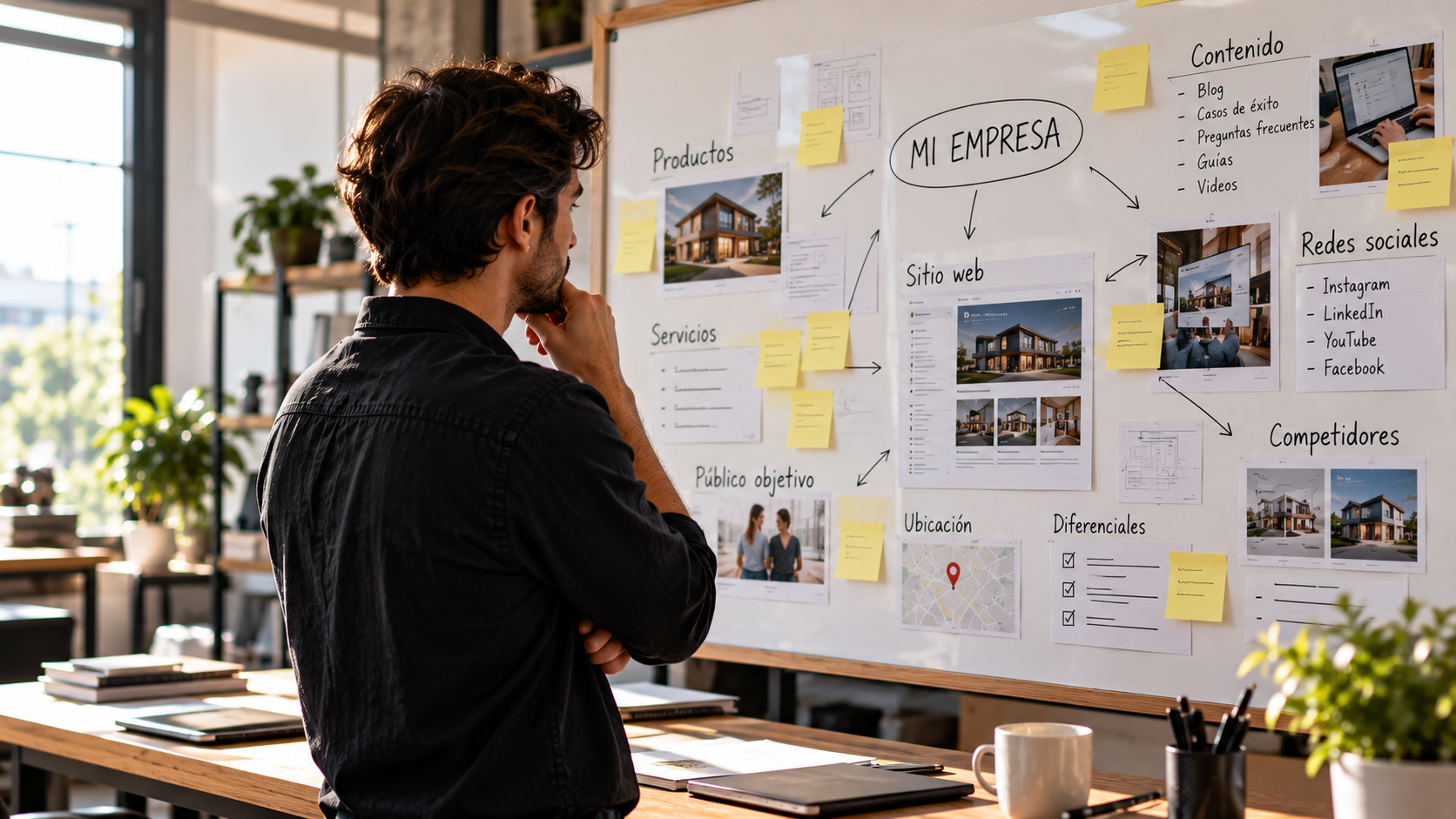 Profesional frente a una pizarra que organiza productos, servicios, público objetivo, contenido, sitio web, redes, competidores y diferenciales de una empresa.