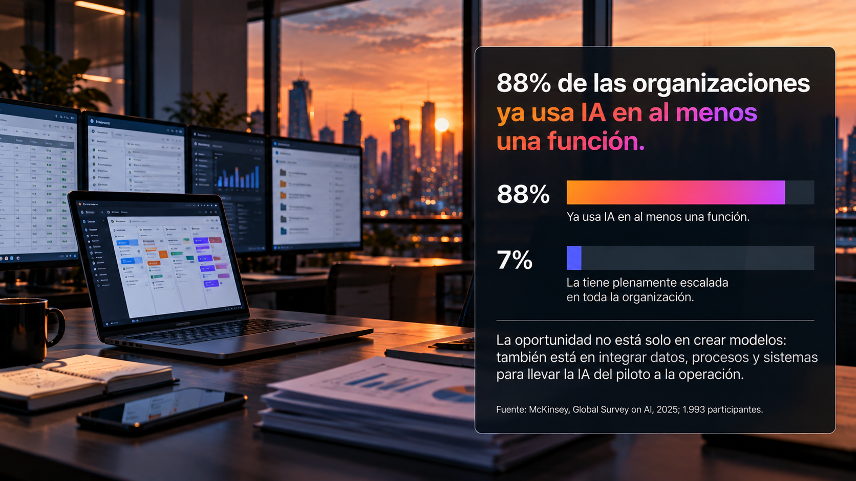 Servidores y gráfico sobre la inversión en startups de IA
