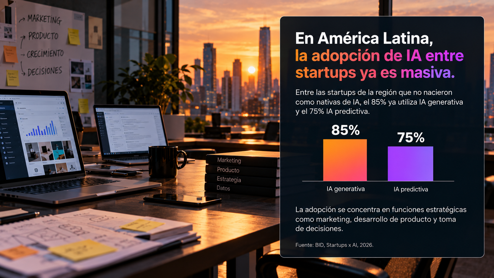 Oficina de startups con gráfico sobre adopción de IA en Latinoamérica